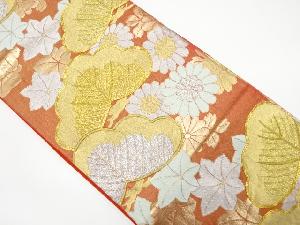 アンティーク　菊・楓に笠松模様　刺繍　袋帯（着用可）